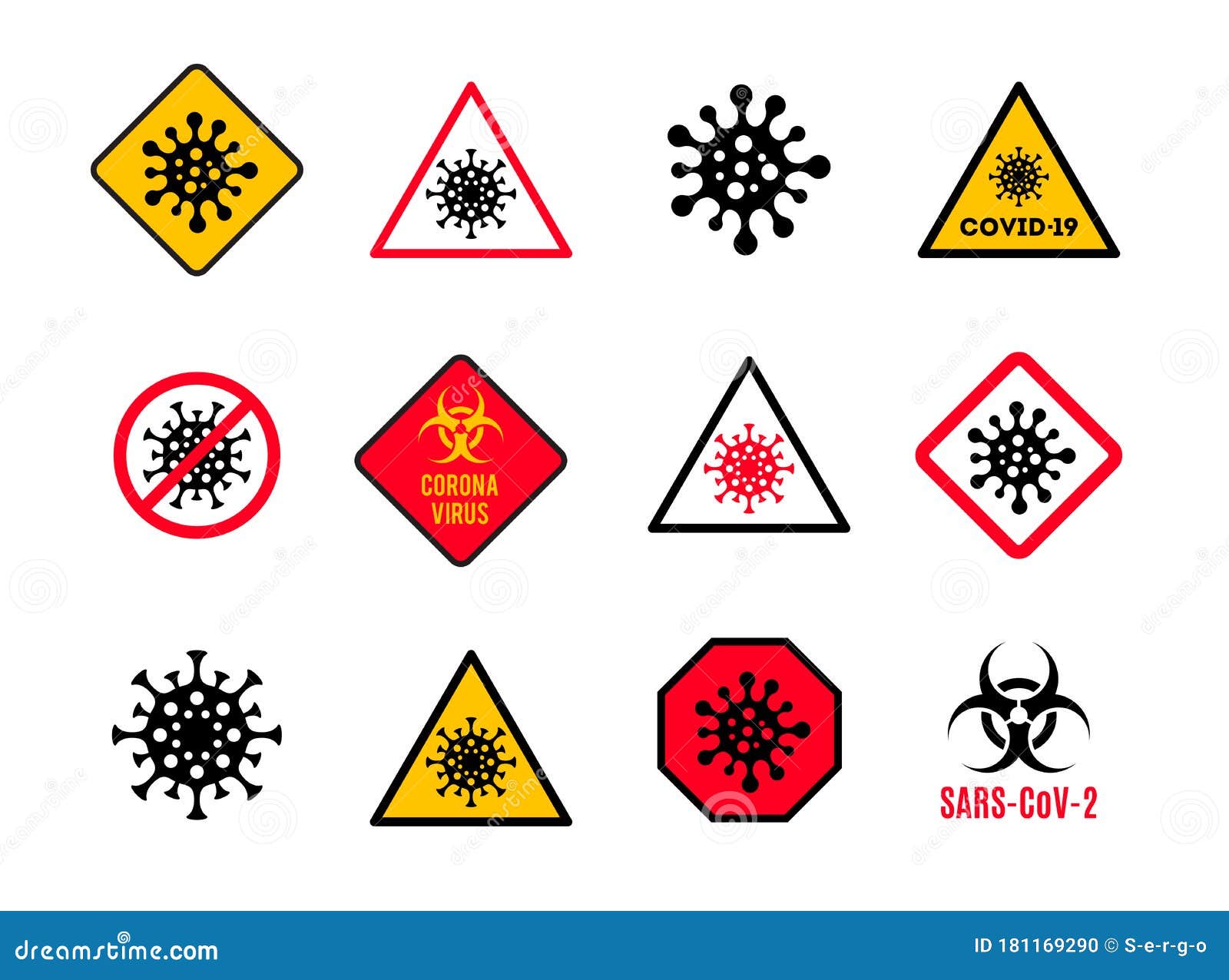 set of warning and danger sign with coronavirus . stop covid-19 sign. coronavirus dander sign.